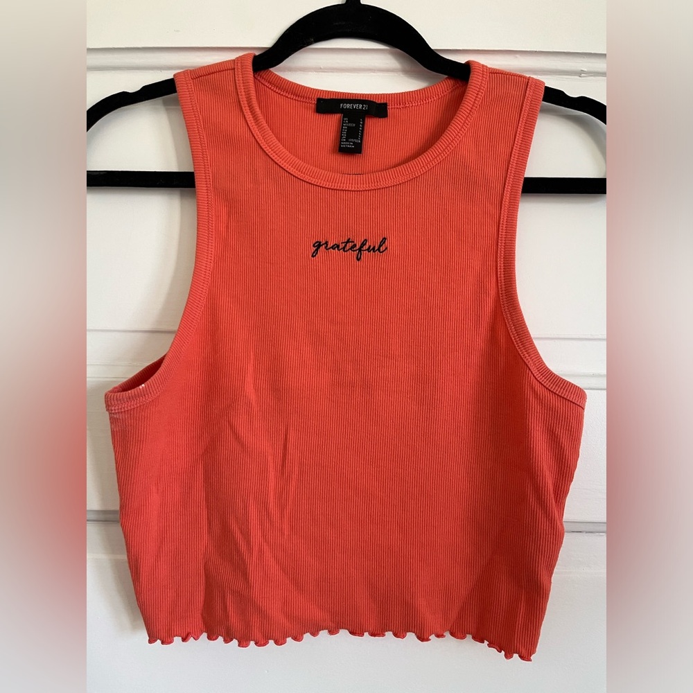 Forever 21 Grateful Embroidered Coral Tank Top